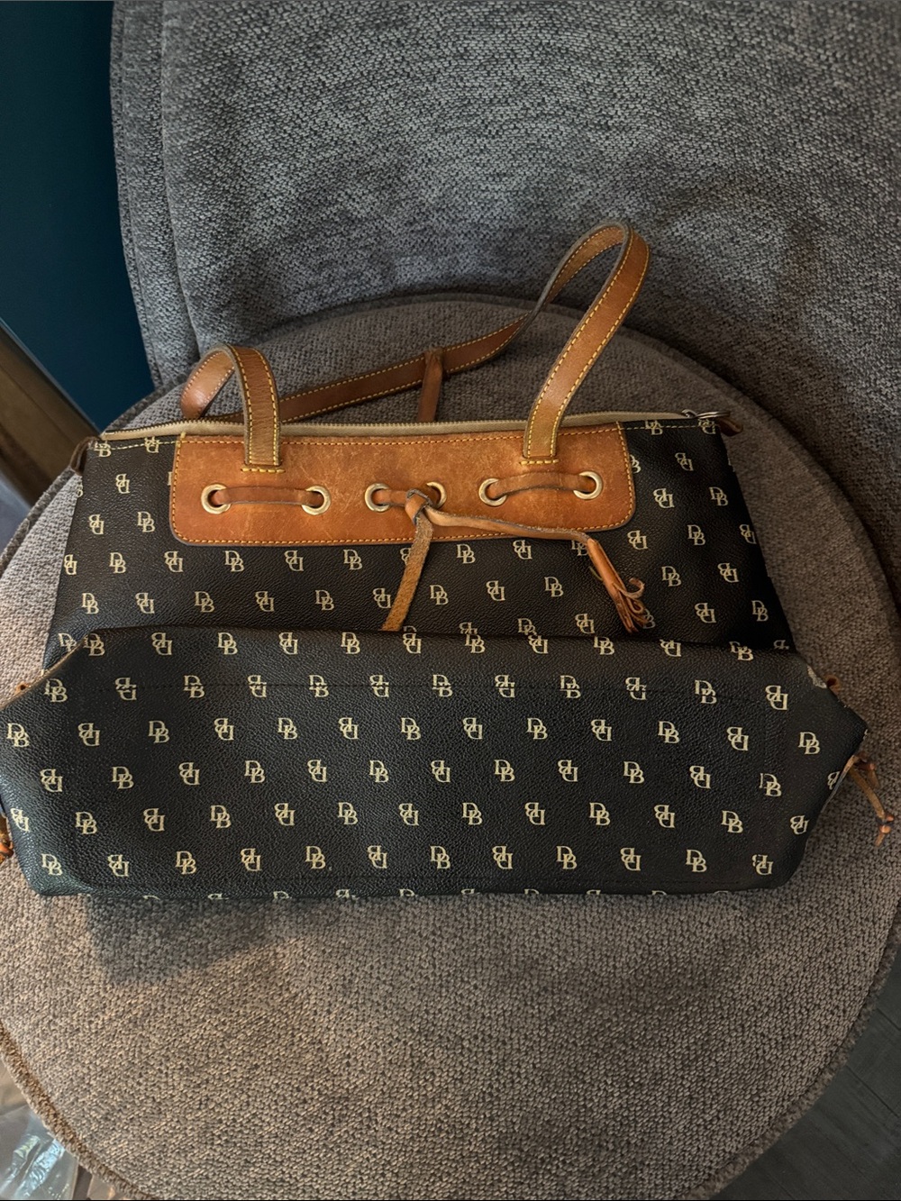 Dooney & Bourke Black Logo Tote with Brown Leather Trim